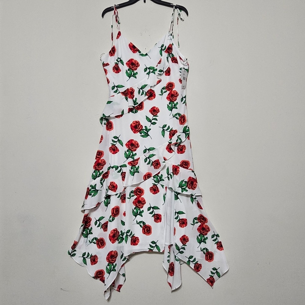 IN San Francisco Dress Aline Large Fits 12 White Red Rose Floral Sleeveless 0853